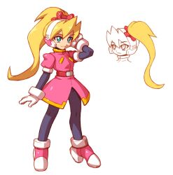  1girl alternate_costume alternate_hairstyle belt blonde_hair blue_eyes bodystocking breasts ciel_(mega_man) full_body gloves hairband hand_in_own_hair high_heels jacket light_smile long_hair mega_man_(series) mega_man_zero_(series) mega_man_zx short_sleeves side_ponytail small_breasts tomycase white_background 