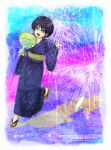  1boy akaboshi_imoko black_hair blue_eyes fan fireworks glasses japanese_clothes kimono sandals smile solo 