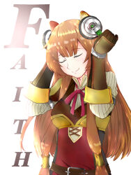  1girl animal_ear_fluff animal_ears arm_cuffs armor belt black_dress blunt_bangs breastplate breasts brown_belt brown_gloves brown_hair closed_eyes closed_mouth commentary_request dress elbow_gloves english_commentary english_text gloves hair_tubes headphones highres holding holding_headphones layered_dress leather_armor listening_to_music long_hair long_sleeves ma_bo_do_hugozen mixed-language_commentary multicolored_clothes multicolored_dress neck_ribbon pauldrons raccoon_ears raccoon_girl raphtalia red_dress red_ribbon ribbon shoulder_armor simple_background single_pauldron small_breasts smile solo standing tate_no_yuusha_no_nariagari upper_body white_background white_dress wrist_cuffs 