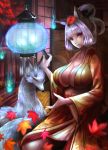  1girl animal_ears breasts cleavage fox fox_ears highres huge_breasts kongiku long_hair oboro_muramasa red_eyes white_hair yazuo 