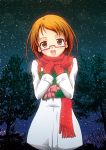  1girl :d brown_eyes brown_hair glasses happy looking_at_viewer open_mouth pink-framed_glasses precure red_scarf ribbon scarf shirabe_ako short_hair sky slowpit smile solo star_(sky) starry_sky suite_precure try 