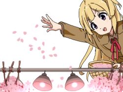  1girl 22/7 :d blonde_hair brown_shirt cherry_blossoms collared_shirt falling_petals flower fujima_sakura igashiko long_hair looking_down neck_ribbon oekaki one_side_up open_mouth petals pink_flower pink_light pink_petals red_ribbon ribbon shirt simple_background smile solo teeth upper_body upper_teeth_only v-shaped_eyebrows violet_eyes white_background 