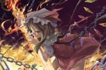  1girl blonde_hair broken_chains chain dress fire flame flandre_scarlet hat hat_ribbon highres laevatein looking_at_viewer pink_eyes red_dress ribbon shackle shirt short_sleeves side_ponytail smile solo sorano_eika touhou wings 