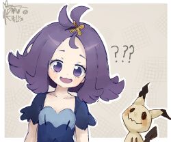  1girl ? ?? acerola_(pokemon) collarbone draw_chill's mimikyu outline pokemon pokemon_(creature) pokemon_sm purple_hair signature spanish_commentary topknot upper_body violet_eyes white_outline 
