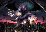  1girl black_legwear boots cityscape cross dress feathers flower frills gothic_lolita hairband light_kiseki lolita_fashion long_hair long_sleeves red_eyes rose rozen_maiden silver_hair sky solo star_(sky) starry_sky suigintou wide_sleeves wings 