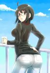  1girl ahoge ass black_hair breasts brown_eyes clouds crush50 female glasses looking_back pantylines servant_x_service sky sweater tight_pants turtleneck yamagami_lucy 