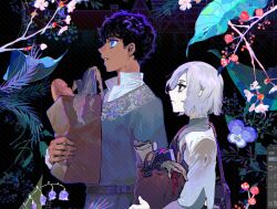  2boys art_program_in_frame bag bags_under_eyes black_eyes black_hair blue_eyes branch curly_hair dark-skinned_male dark_skin dungeon_meshi elf flower from_side gapamopa grey_hair holding holding_bag kabru long_sleeves male_focus mithrun multiple_boys notched_ear paper_bag pointy_ears profile shirt short_hair upper_body 