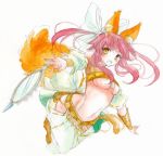  1girl animal_ears belly_dancer breasts caster_(fate/extra) fate/extra fate/extra_ccc fate_(series) fina_(sa47rin5) fox_ears fox_tail hair_ribbon mirror open_mouth pink_hair ribbon solo tail traditional_media twintails under_boob watercolor_(medium) yellow_eyes 