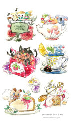 bounsweet comfey cutiefly flower fomantis food fruit highres jam komala lemon lemon_slice litten mimikyu no_humans non_(kumakawayusu) open_mouth pachirisu painting_(medium) pawpads perching pokemon popplio pyukumuku red_flower red_rose rockruff rose rowlet simple_background sleeping sugar_cube teabag teapot togedemaru traditional_media watercolor_(medium) wavy_mouth white_background white_flower zygarde zygarde_(core)
