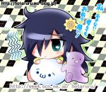  1girl :3 bags_under_eyes black_hair blush checkered checkered_background chibi green_eyes hair_over_one_eye hotaruru kuroki_tomoko long_hair plush solo tagme watashi_ga_motenai_no_wa_dou_kangaetemo_omaera_ga_warui! 