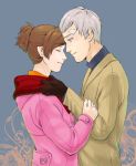  1girl bandaid brown_hair coat couple female_protagonist_(persona_3) gloves grey_hair hetero jacket persona persona_3 persona_3_portable ponytail profile sanada_akihiko scarf short_hair short_ponytail smile 