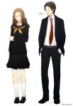  1boy 1girl adachi_tooru age_difference belt blazer brown_hair closed_eyes formal grin hand_on_own_arm hands_in_pockets houndstooth konishi_saki mushisotisis necktie no_shoes persona persona_4 pleated_skirt school_uniform serafuku skirt smile socks suit white_legwear 