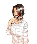  1girl black_hair blood blood_in_mouth collar hair_down injury motyu_(ogik123) open_mouth shingeki_no_kyojin short_hair solo striped white_background ymir_(shingeki_no_kyojin) 