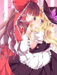  2girls blonde_hair blush braid brown_hair closed_eyes hair_ribbon hair_tubes hakurei_reimu hat hat_ribbon highres kirisame_marisa long_hair multiple_girls red_eyes ribbon side_braid touhou very_long_hair wide_sleeves witch_hat yucchan_(drizzle_star) yuri 