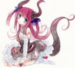 1girl blue_eyes detached_sleeves dress fate/extra_ccc fate_(series) fina_(sa47rin5) horns lancer_(fate/extra_ccc) long_hair pink_hair pointy_ears solo tail tail_raised traditional_media two_side_up watercolor_(medium)