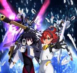  1boy 3girls absurdres artist_name beam_sword bit_(gundam) black_hair black_hairband blonde_hair borrowed_weapon commission crossover destiny_gundam_spec_ii energy_sword energy_wings english_commentary ericht_samaya facial_mark glowing green_eyes gun gundam gundam_calibarn gundam_seed gundam_seed_freedom gundam_suisei_no_majo hairband highres holding holding_cannon holding_gun holding_sword holding_weapon looking_at_viewer mecha mobile_suit multiple_girls pilot_suit pointing pointing_at_viewer red_eyes redhead reiei_8 robot shinn_asuka short_hair stellar_loussier suletta_mercury sword upper_body weapon 