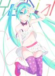  1girl ahoge aqua_eyes aqua_hair collar copyright_name gumo hatsune_miku headphones highres long_hair midriff navel polka_dot polka_dot_legwear re:dial_(vocaloid) skirt solo strap_slip thighhighs twintails v very_long_hair vocaloid white_background wink 