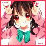  1girl black_hair border bow hair_bow heart looking_at_viewer love_live!_school_idol_project red_border red_eyes rinndouk school_uniform short_hair simple_background smile solo twintails yazawa_nico 