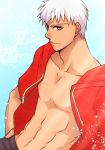  1boy archer brown_eyes fate/extra fate_(series) hoodie jacket male mikicocha open_clothes open_jacket red_jacket smile solo white_hair 