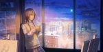  1girl arsenixc brown_hair building cityscape clouds cup highres long_hair moon night night_sky original painting_(object) red_eyes skirt sky snowing solo teacup window 