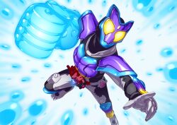  1boy absurdres armor belt black_bodysuit bodysuit driver_(kamen_rider) finishing_move gloves glowing glowing_eyes helmet highres incoming_attack kamen_rider kamen_rider_gavv kamen_rider_gavv_(series) looking_at_viewer male_focus mask open_hand otokamu oversized_limbs punching punching_gummy rider_belt solo tokusatsu 