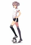  1girl ball black_legwear fkey hand_on_hip highres horns kneehighs purple_hair red_eyes short_hair shorts simple_background small_breasts soccer_ball soccer_uniform solo twintails white_background 