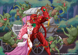  1boy 1girl armor battle blood blood_from_mouth blue_eyes blush boosted_gear breasts character_request colored_skin commentary commission detached_sleeves forehead full_armor gauntlets gloves goblin green_eyes green_skin hair_ribbon high_school_dxd holding holding_knife hug hyoudou_issei hyoudou_issei_(boosted_gear_scale_mail) jewelry knife kuroinu_~kedakaki_seijo_wa_hakudaku_ni_somaru~ large_breasts large_ears long_hair monster multiple_boys navel pink_hair pink_ribbon pointy_ears power_armor prim_fiorire princess puffy_sleeves red_armor ribbon rud-k short_sleeves thigh-highs tiara tongue tongue_out very_long_hair white_gloves yellow_eyes 