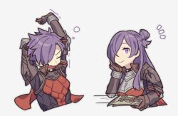  1boy 1girl arm_up breasts closed_eyes closed_mouth commentary eyelashes fire_emblem fire_emblem:_three_houses fire_emblem_warriors:_three_hopes gauntlets haconeri hair_bun hair_over_one_eye head_rest holding holding_paper looking_at_viewer notice_lines open_mouth paper purple_hair shez_(female)_(fire_emblem) shez_(fire_emblem) shez_(male)_(fire_emblem) short_hair simple_background smile squeans stretching symbol-only_commentary white_background yawning 
