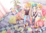  1boy 2girls animal_slippers aqua_eyes aqua_hair artist_name belt bespectacled blonde_hair blue_eyes book bracelet bunny_slippers checkered checkered_floor choker couch curtains cushion from_above glasses hatsune_miku headphones headphones_around_neck jeans jewelry kagamine_len kagamine_rin long_hair multiple_girls necklace plant potted_plant short_hair short_shorts shorts sitting skirt smile stuffed_animal stuffed_toy teddy_bear thigh-highs tiger_slippers twintails vocaloid zenyu 