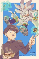  2boys animal_ears animal_nose bent_spoon black_hair blue_background boots border character_name clenched_hand commentary crossover english_commentary floating food furry furry_male gakuran gloves highres holding holding_food kageyama_shigeo levitation looking_at_another male_focus multiple_boys open_mouth outside_border power_connection psychic salt_middle_school_uniform school_uniform short_hair silver_the_hedgehog simple_background smile sonic_(series) spoon tail takoyaki telekinesis tezz trait_connection white_gloves yellow_eyes 