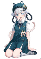 1girl absurdres animal_ear_headwear argyle_clothes argyle_socks arm_support bambinata:_vitrum_(pgr) bambinata_(pgr) bare_arms blue_bow blue_bowtie blue_footwear blue_hat blue_skirt blue_vest blunt_bangs bow bowtie braid braided_hair_rings brooch cat_tail chinese_commentary collared_shirt colored_eyelashes commentary_request elegg_(10437293) fang fish_bone full_body green_eyes hair_ornament hair_rings hairclip hat highres jewelry kneehighs knees_together_feet_apart looking_at_viewer multicolored_hair official_alternate_costume open_mouth partial_commentary petite pom_pom_(clothes) pom_pom_hair_ornament punishing:_gray_raven shirt short_sleeves siam_neko_azukisan simple_background sitting skirt smile socks solo tail two-tone_hair vest wariza white_background white_hair white_shirt 