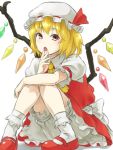  1girl ascot blonde_hair bloomers bobby_socks fang flandre_scarlet hat mary_janes open_mouth pennel red_eyes shoes short_hair side_ponytail simple_background skirt skirt_set smile socks solo touhou underwear white_background wings 