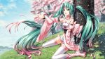  1girl boots cherry_blossoms detached_sleeves gabiran grass green_eyes green_hair hatsune_miku long_hair obi open_mouth outstretched_arm pink_hair sitting skirt solo thigh-highs tree twintails very_long_hair vocaloid wariza 