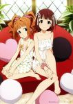  2girls absurdres amami_haruka barefoot brown_hair greek_toe green_eyes highres idolmaster iizuka_haruko long_hair looking_at_viewer magazine_scan multiple_girls nail_polish newtype official_art pillow polka_dot scan short_hair sleepwear takatsuki_yayoi text toenail_polish twintails 