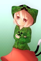  1girl blush chen creeparka creeper creeper_(cosplay) diamond_(shape) dress gradient gradient_background green_background highres kokoneko minecraft multiple_tails red_dress red_eyes short_hair tail touhou 