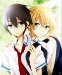  2boys black_eyes black_hair eugeo green_eyes kirito multiple_boys necktie school_uniform short_hair sword_art_online tsukimori_usako 