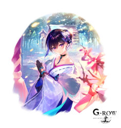  1girl black_choker black_gloves blue_bow blue_hair bow branch choker closed_mouth commentary_request dark_blue_hair forcas gloves hair_bow hair_bun hair_ornament hatsumoude highres japanese_clothes kimono long_hair looking_at_viewer new_year official_alternate_costume official_art outdoors phantom_of_the_kill praying second-party_source shibuhiko shrine simple_background single_hair_bun smile snow solo standing tree upper_body violet_eyes white_background white_bow white_kimono 