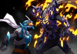  2boys absurdres antennae armor battle black_armor black_bodysuit blue_armor blue_gloves bodysuit bug burning confrontation dreadriver driver_(kamen_rider) fire gate gauntlets gloves glowing glowing_eyes goggles goggles_on_head gotcha_driver grasshopper highres holding kamen_rider kamen_rider_dread kamen_rider_gotchard kamen_rider_gotchard_(series) leg_armor looking_at_viewer male_focus multiple_boys orange_eyes otokamu outstretched_arms rider_belt rivalry rivals scarf shoulder_armor skeleton spread_arms stairs standing standing_on_one_leg steam_hopper tokusatsu torn_clothes torn_scarf train type_zero_form weapon white_scarf yellow_eyes 