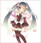  1girl copyright_name detached_sleeves green_eyes green_hair grin hatsune_miku highres long_hair nail_polish necktie skirt smile solo thighhighs twintails ushiroyuri very_long_hair vocaloid wink 