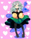  1girl black_legwear blush boots eyeball green_eyes hat hat_removed hat_ribbon headwear_removed heart heart_background heart_of_string komeiji_koishi long_hair long_sleeves pink_background ribbon silver_hair skirt smile solo thigh-highs thigh_boots third_eye touhou wide_sleeves yukimimi 