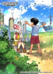  1boy 1girl aged_down back bandaid bandaid_on_face black_hair boat child clouds commentary_request copyright_name dress full_body hair_over_one_eye headphones highres long_sleeves mast monkey_d._luffy multicolored_hair official_art one_piece one_piece_card_game outstretched_arms pirate_ship red_shorts redhead sandals shirt shorts sitting sky smile sunohara_(encount) t-shirt two-tone_hair uta_(one_piece) violet_eyes watercraft white_hair white_shirt yellow_dress 