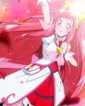  1girl arm_up blush clenched_hand cure_ace dokidoki!_precure heart light lipstick long_hair madoka_aguri makeup outstretched_arm pink_eyes precure redhead smile solo sparkle tj-type1 