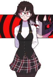  1girl absurdres arms_behind_back black-framed_eyewear braid breasts brown_hair crown_braid glasses highres jeff_miga looking_to_the_side medium_breasts niijima_makoto pantyhose persona persona_5 pleated_skirt red_eyes school_uniform short_hair shuujin_academy_school_uniform simple_background skirt smile solo standing steel_mask 