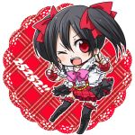  1girl black_hair bow chibi fingerless_gloves gloves hair_bow love_live!_school_idol_project number open_mouth pose red_eyes ryuukichi short_hair skirt smile solo striped striped_background twintails wink yazawa_nico 
