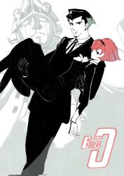  1boy 1girl big_o_(mecha) black_dress black_eyes black_hair black_hairband black_jacket carrying closed_mouth collared_shirt commentary_request copyright_name dress formal hairband jacket long_sleeves looking_at_viewer necktie nukuyu_haru princess_carry r_dorothy_wayneright redhead roger_smith shirt short_hair the_big_o white_shirt 