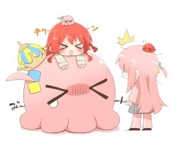  &gt;_&lt; 2girls :d ^^^ blush blush_stickers bocchi_the_rock! chibi closed_eyes crown cube_hair_ornament gotoh_hitori gotoh_hitori_(octopus) grey_skirt hair_ornament jacket kita_ikuyo long_hair long_sleeves mini_crown multiple_girls notice_lines on_head one_side_up pants pants_under_skirt pink_jacket pink_pants pleated_skirt puffy_long_sleeves puffy_sleeves rebecca_(keinelove) shadow simple_background skirt sleeves_past_wrists smile tears tilted_headwear track_jacket track_pants track_suit translation_request turn_pale very_long_hair white_background xd 