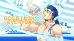  1boy blue_hair bottle drinking earrings fate/stay_night fate_(series) irony jewelry lancer long_hair manly parody ponytail shirtless solo sunday31 water water_bottle 