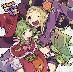  2girls ;d ahoge blonde_hair braid candy fang fire_emblem fire_emblem_awakening fire_emblem_heroes food green_hair haconeri halloween_costume hat jack-o&#039;-lantern jelly_bean lollipop long_hair long_sleeves looking_at_another looking_at_viewer mother_and_daughter multiple_girls nah_(fire_emblem) nah_(halloween)_(fire_emblem) nowi_(eternal_witch)_(fire_emblem) nowi_(fire_emblem) official_alternate_costume one_eye_closed open_mouth pointy_ears purple_hat red_hat sleeves_past_fingers sleeves_past_wrists smile swirl_lollipop twin_braids violet_eyes witch_hat 