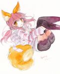  1girl animal_ears caster_(fate/extra) fate/extra fate/extra_ccc fate_(series) fina_(sa47rin5) fox_ears fox_tail pink_hair solo tail traditional_media watercolor_(medium) yellow_eyes 