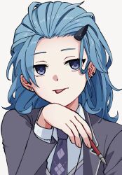  1girl :p black_jacket blue_eyes blue_hair closed_mouth collared_shirt earrings eipenor formal grey_necktie hair_ornament hairclip highres holding holding_pen honkai_(series) honkai_impact_3rd jacket jewelry lieserl_albert_einstein long_sleeves looking_at_viewer necktie pen shirt short_hair simple_background solo tongue tongue_out upper_body white_background white_shirt 